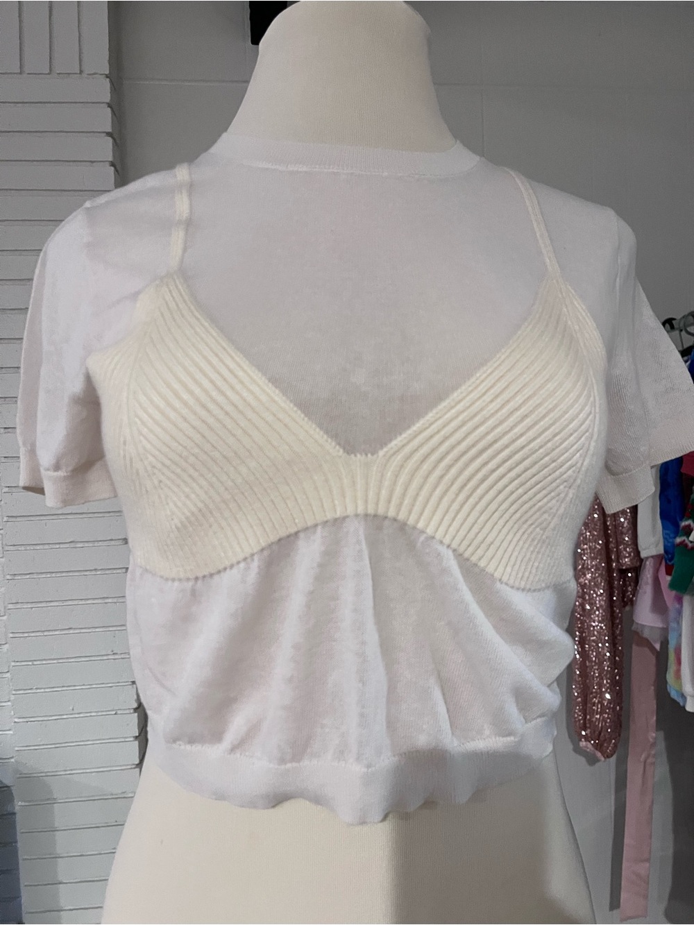Women's Cream Ribbed Knit Bralette Top